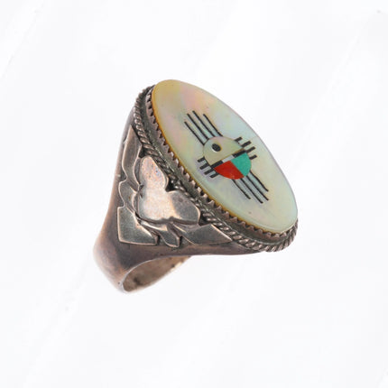sz13 Hustito Zuni sterling silver MOP sunface inlay turquoise/coral ring