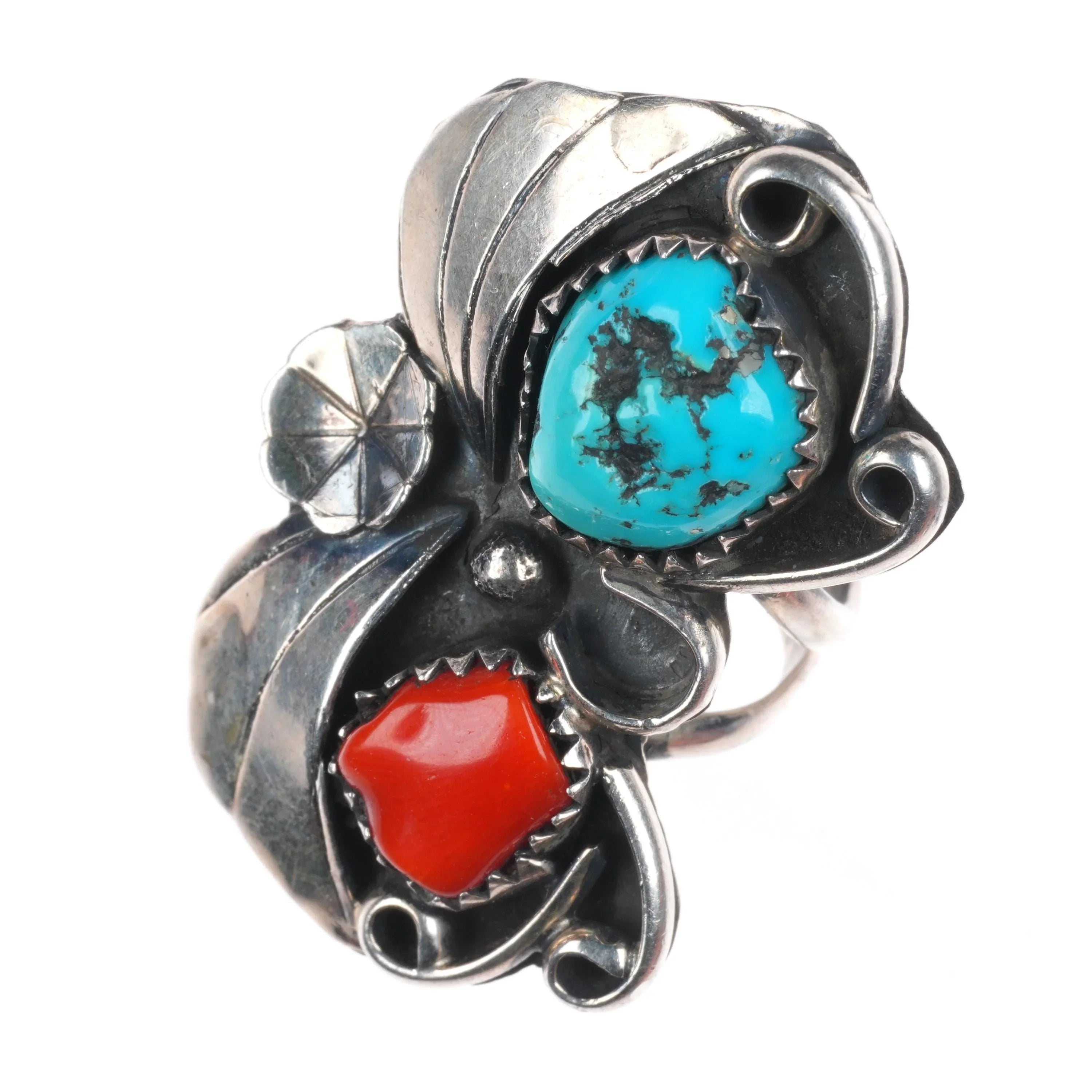 sz8.5 Vintage Navajo sterling silver, turquoise/coral leaf/blossom