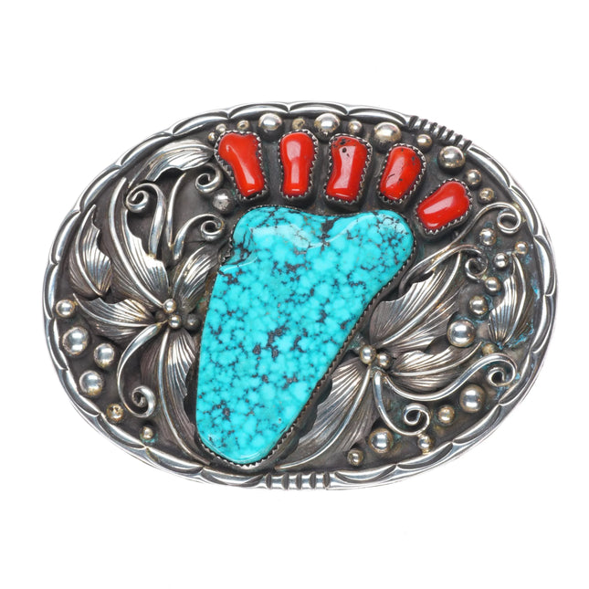 Large Vintage Navajo sterling silver spiderweb turquoise/coral foot belt buckle