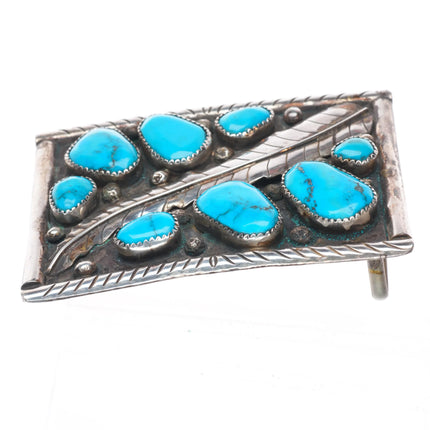 Vintage Zuni sterling silver turquoise cluster feather belt buckle