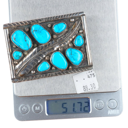 Vintage Zuni sterling silver turquoise cluster feather belt buckle