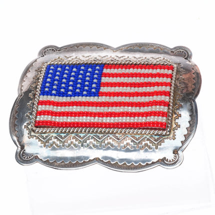 Vintage Navajo sterling silver US American flag beadwork belt buckle