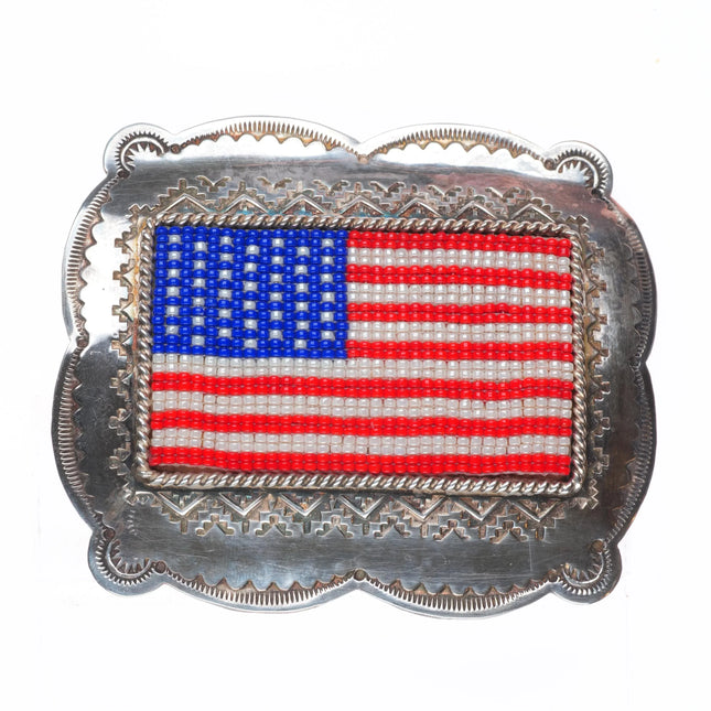 Vintage Navajo sterling silver US American flag beadwork belt buckle