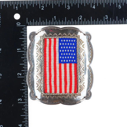Vintage Navajo sterling silver US American flag beadwork belt buckle