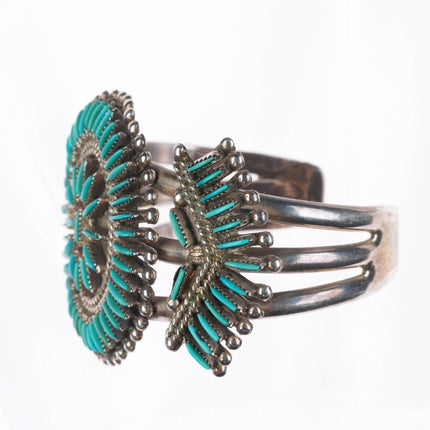 6.5" Vintage Bellson Zuni sterling silver needlepoint turquoise cuff bracelet