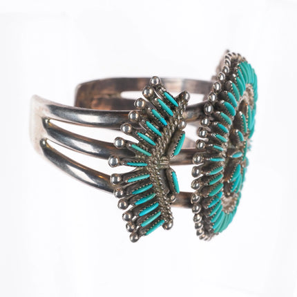 6.5" Vintage Bellson Zuni sterling silver needlepoint turquoise cuff bracelet