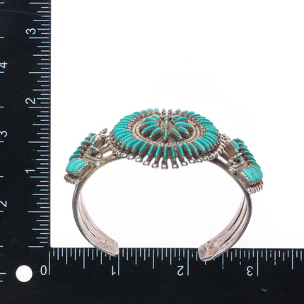 6.5" Vintage Bellson Zuni sterling silver needlepoint turquoise cuff bracelet