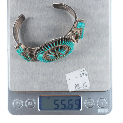 6.5" Vintage Bellson Zuni sterling silver needlepoint turquoise cuff bracelet