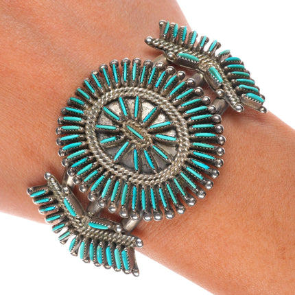 6.5" Vintage Bellson Zuni sterling silver needlepoint turquoise cuff bracelet