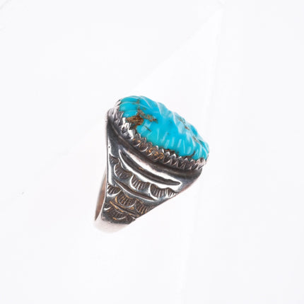 sz7.5 Vintage K Zuni sterling silver hand stamped carved turquoise ring