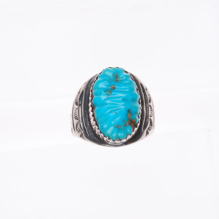 sz7.5 Vintage K Zuni sterling silver hand stamped carved turquoise ring