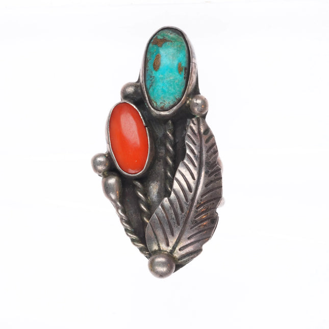 sz6 Vintage Navajo sterling silver, turquoise/coral flower bunch design