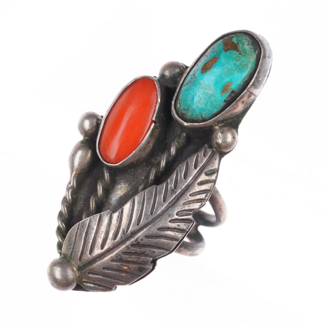 sz6 Vintage Navajo sterling silver, turquoise/coral flower bunch design
