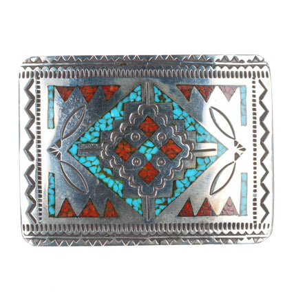 Vintage Wilson & Carolyn Begay Navajo sterling silver chip inlay belt buckle