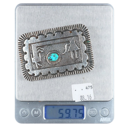 Vintage Navajo sterling silver cast Yei belt buckle with turquoise