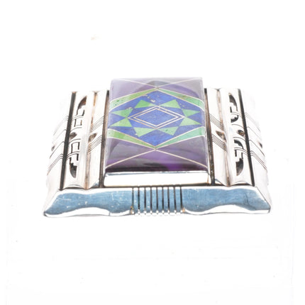 Jerry T Nelson Navajo sterling silver, Sugilite Gaspeite Lapis inlay belt buckle