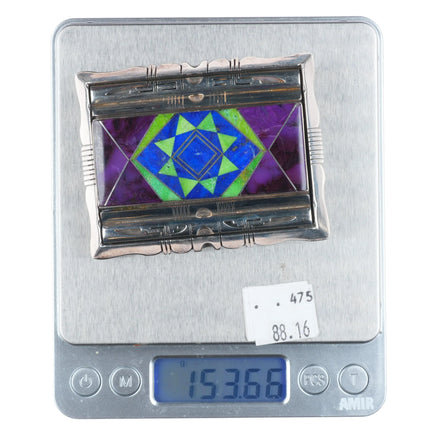 Jerry T Nelson Navajo sterling silver, Sugilite Gaspeite Lapis inlay belt buckle