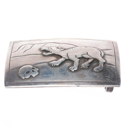 Vintage southwestern sterling silver wolf/skull/desert handmade belt buckle