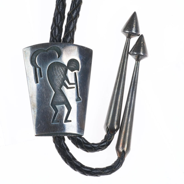 Vintage Hopicrafts Hopi overlay bolo tie sterling silver Kokopelli flute player
