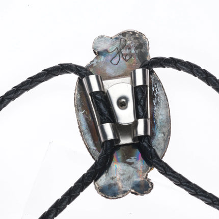 Vintage Southwestern sterling silver variscite bolo tie with feather designs