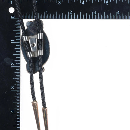 Vintage Southwestern sterling silver variscite bolo tie with feather designs