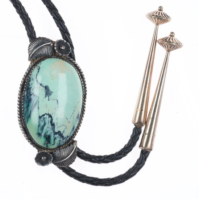 Vintage Southwestern sterling silver variscite bolo tie with feather designs