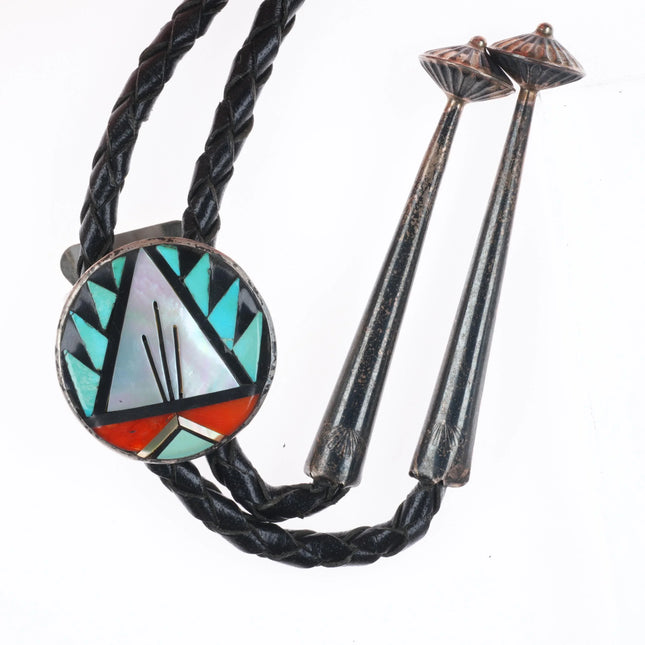 Vintage Booqua Zuni sterling silver inlay bolo tie turquoise/coral/jet/shell