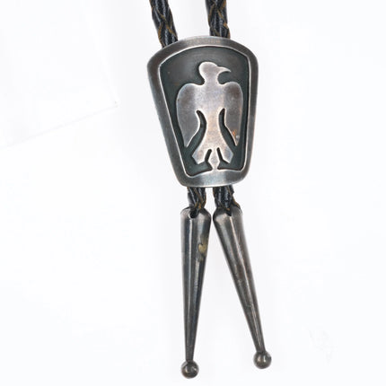 1950's Navajo sterling silver thunderbird bolo tie in overlay style