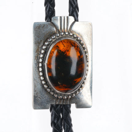 Vintage Native American sterling silver/Amber J.A.W. southwestern bolo tie