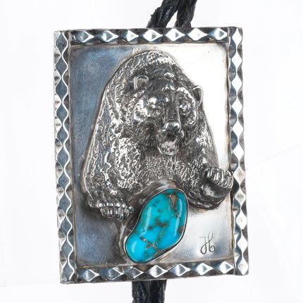 Vintage southwestern sterling silver bear bolo tie with turquoise