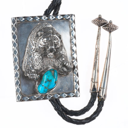 Vintage southwestern sterling silver bear bolo tie with turquoise