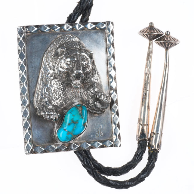 Vintage southwestern sterling silver bear bolo tie with turquoise