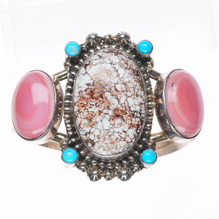 6.5" Wild Horse Jasper, turquoise, pink conch Sterling silver cuff bracelet Jenn