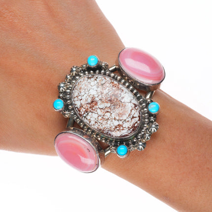 6.5" Wild Horse Jasper, turquoise, pink conch Sterling silver cuff bracelet Jenn