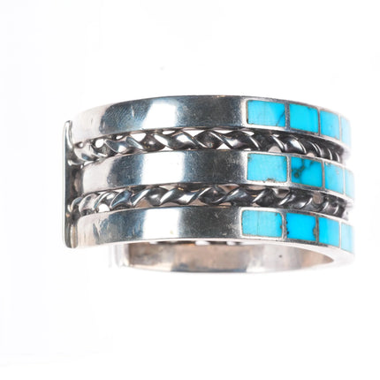 6.25" Vintage Zuni sterling silver 3 row channel inlay turquoise cuff bracelet