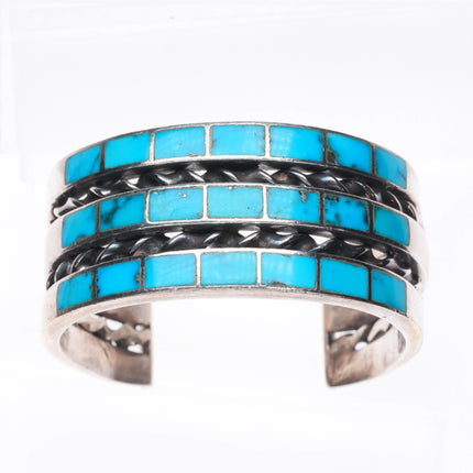 6.25" Vintage Zuni sterling silver 3 row channel inlay turquoise cuff bracelet