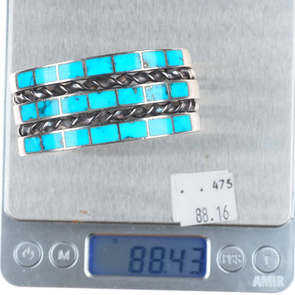 6.25" Vintage Zuni sterling silver 3 row channel inlay turquoise cuff bracelet