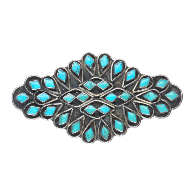 c1950's Large Zuni sterling silver turquoise channel inlay pin/brooch
