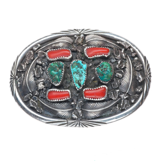 S Jon Navajo vintage sterling silver, turquoise, coral belt buckle w/feathers
