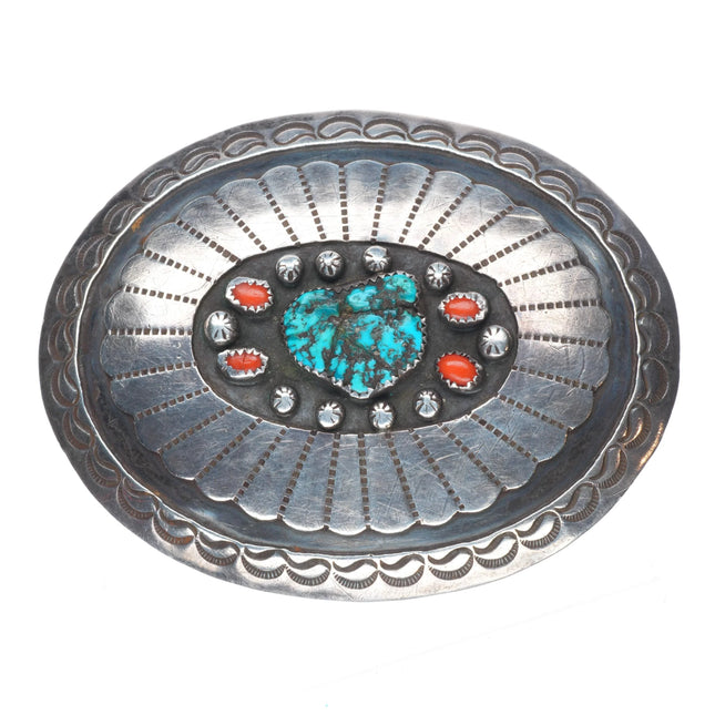 V Tsosie Navajo sterling silver vintage belt buckle w/ turquoise/coral