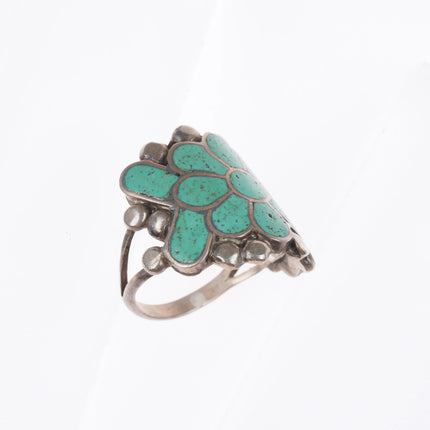 sz9 Vintage Zuni sterling silver turquoise channel inlay flower form ring