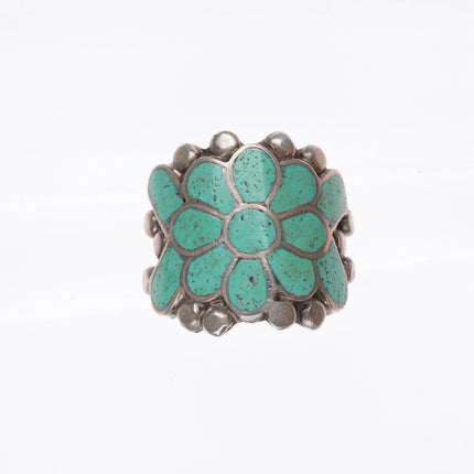 sz9 Vintage Zuni sterling silver turquoise channel inlay flower form ring
