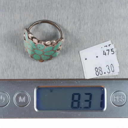 sz9 Vintage Zuni sterling silver turquoise channel inlay flower form ring