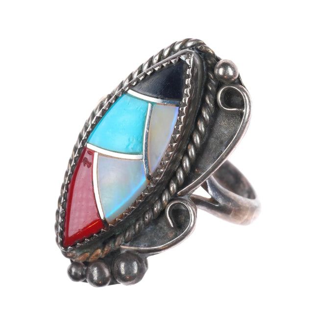 sz8 vintage Zuni sterling silver, turquoise, coral, shell, onyx inlay ring
