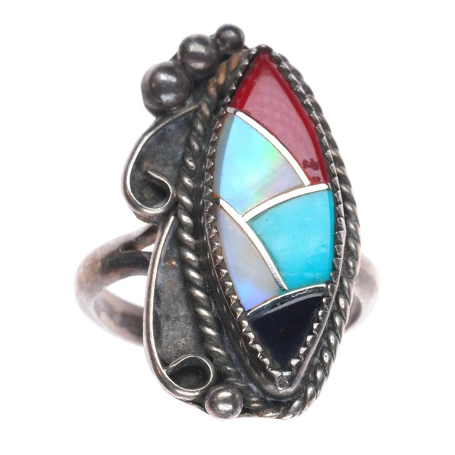 sz8 vintage Zuni sterling silver, turquoise, coral, shell, onyx inlay ring