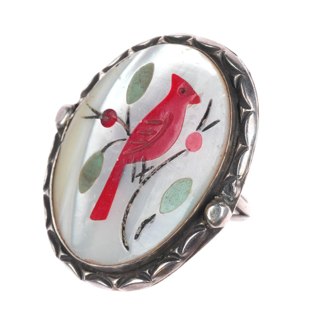 sz8.5 Vintage LB Zuni sterling silver redbird Cardinal ring mother of pearl