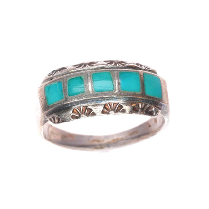 sz7 Vintage zuni sterling silver stamped bezel turquoise channel inlay ring