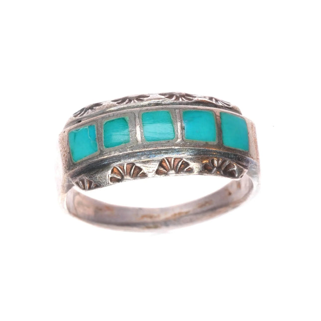 sz7 Vintage zuni sterling silver stamped bezel turquoise channel inlay ring