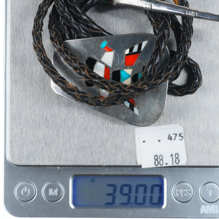 Vintage c1960 c-31 JWB Zuni intarsia inlay knifewing bolo tie sterling silver