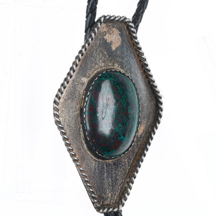 large Vintage Southwestern sterling silver chrysocolla bolo tie rope edge